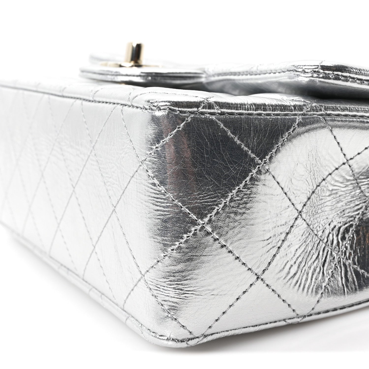 Hammered Metallic Calfskin Quilted Small Double Flap Silver