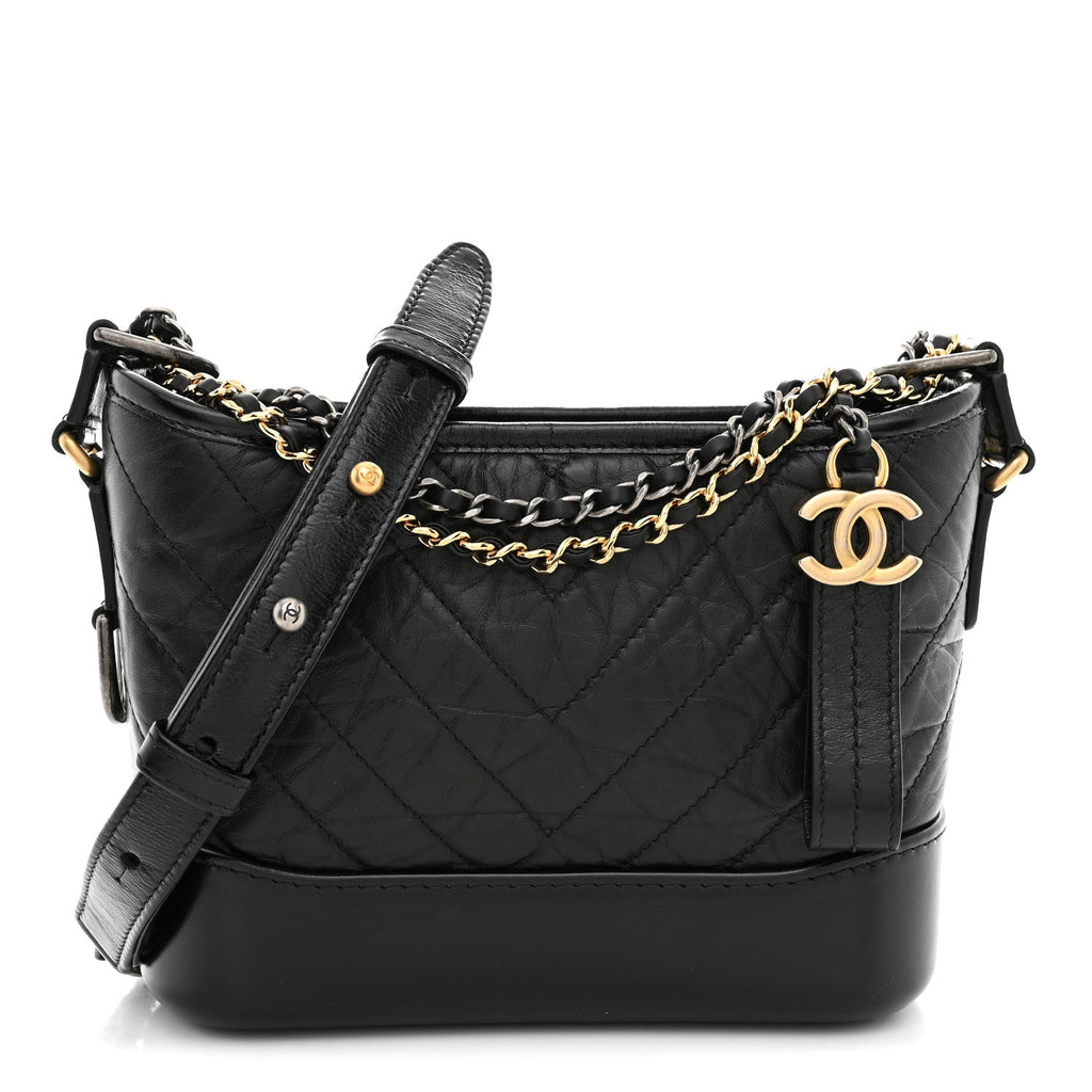 Aged Calfskin Chevron Quilted Small Gabrielle Hobo  Black