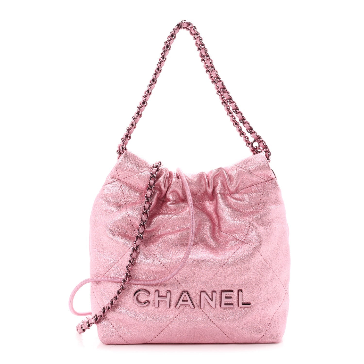 Metallic Lambskin Lacquered Monochrome Quilted Mini Chanel 22 Pink