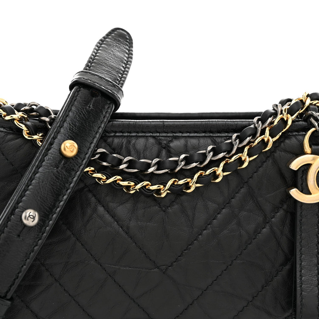 Aged Calfskin Chevron Quilted Small Gabrielle Hobo  Black