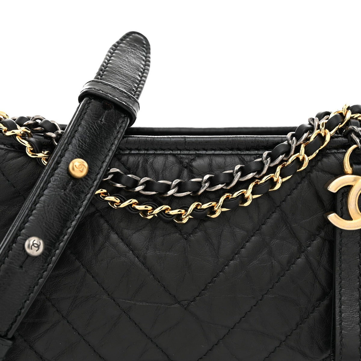 Aged Calfskin Chevron Quilted Small Gabrielle Hobo  Black