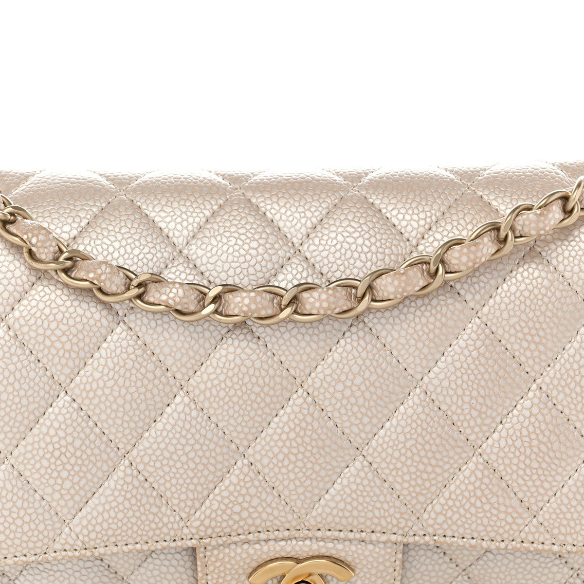 Pearly Caviar Quilted Medium Double Flap Light Beige
