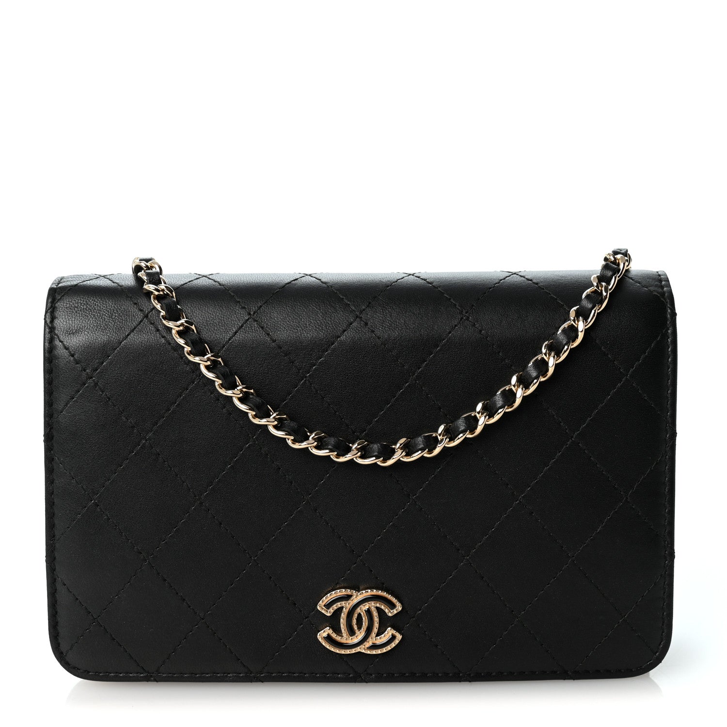Lambskin Quilted Enamel CC Wallet on Chain WOC Black