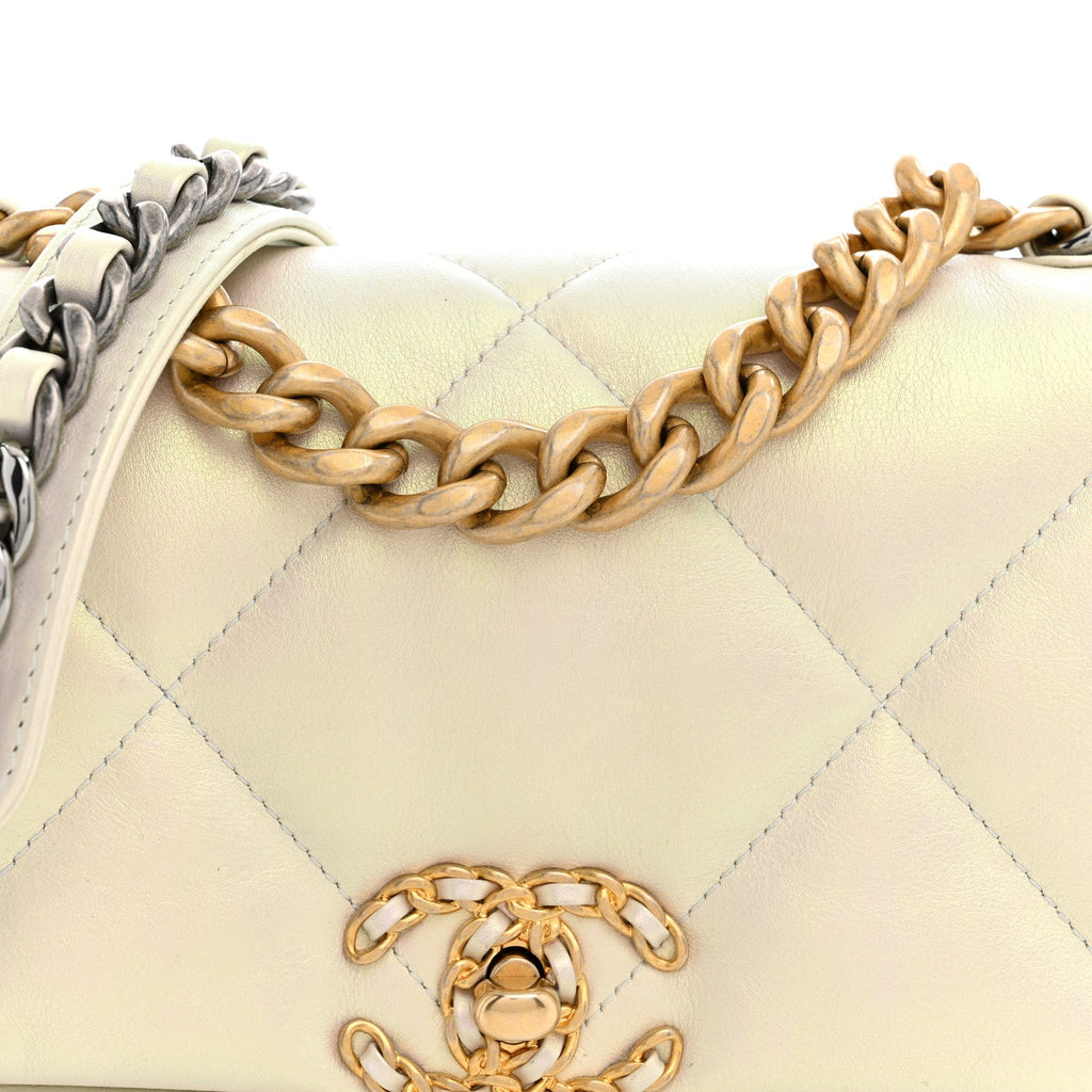 Iridescent Calfskin Quilted Medium Chanel 19 Flap  White