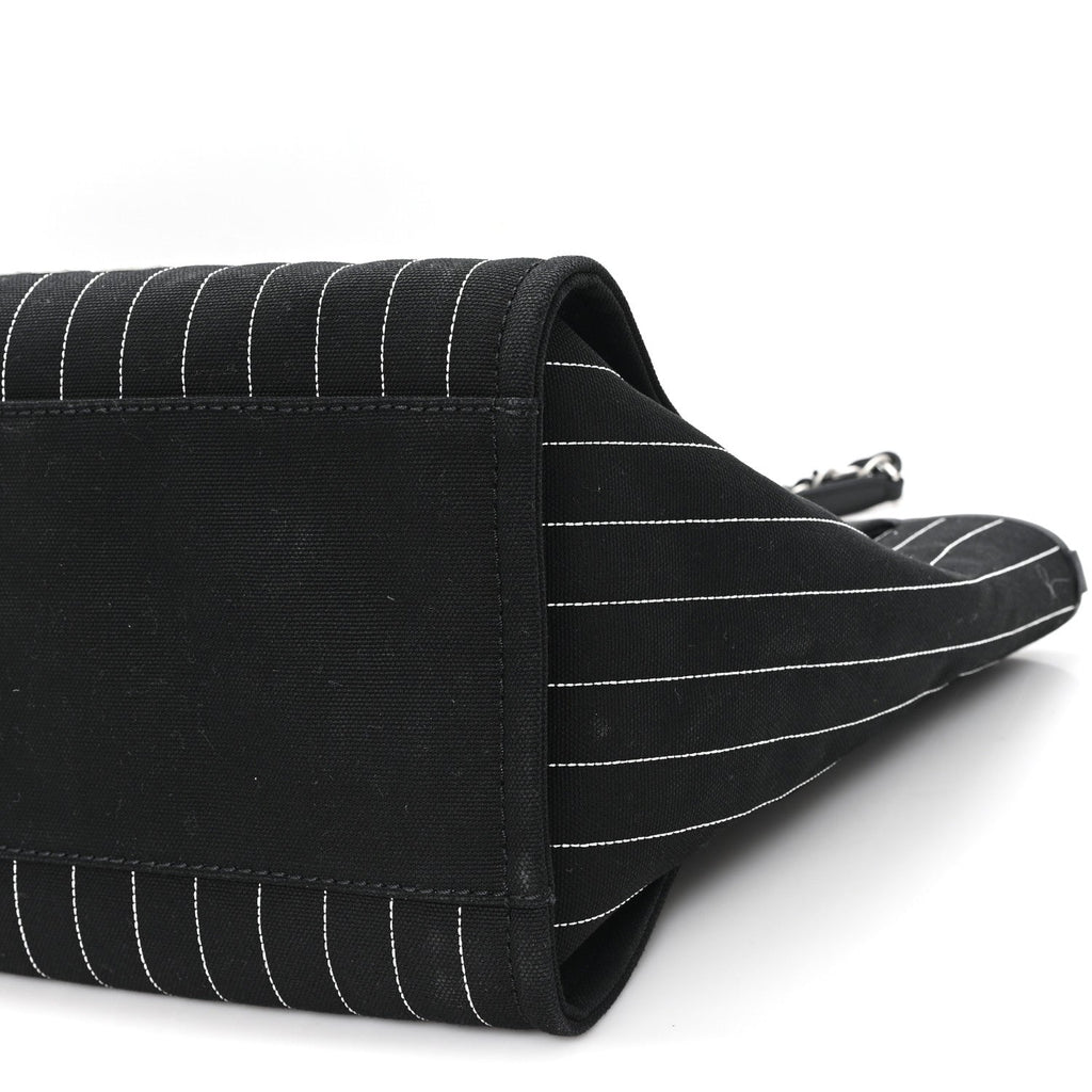 Canvas Calfskin Striped Medium Deauville Tote Black White