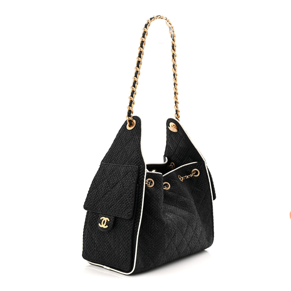 Braided Raffia Calfskin Small Chanel 25 Handbag Black White