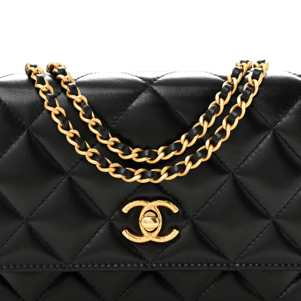 Lambskin Quilted Logo WOC Wallet On Chain Black