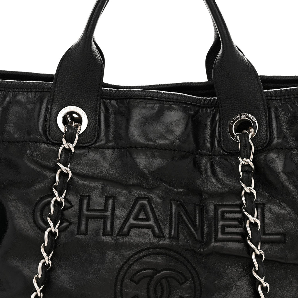 Glazed Calfskin Medium Deauville Tote Black