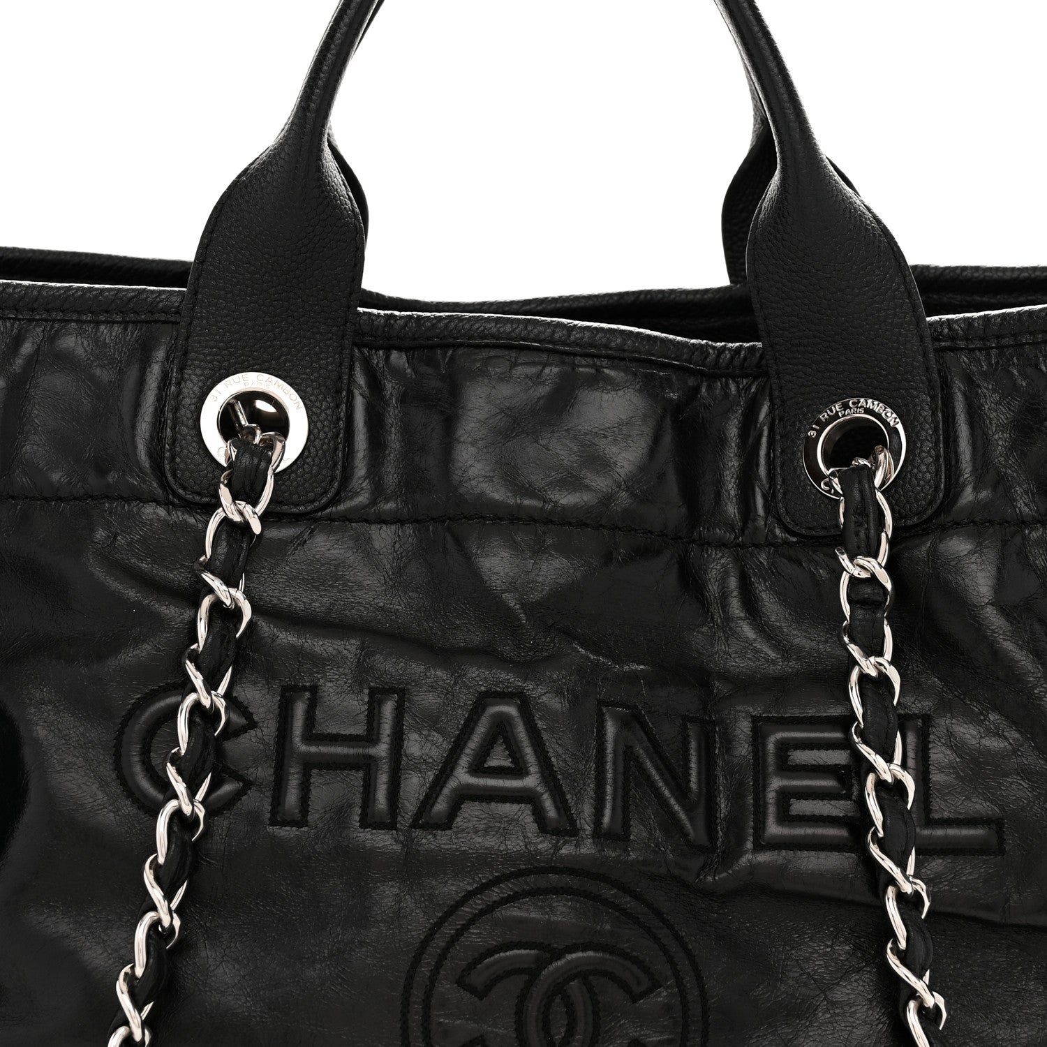 Glazed Calfskin Medium Deauville Tote Black