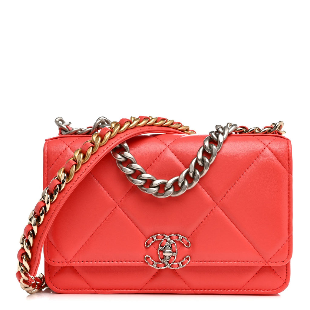 Lambskin Quilted Chanel 19 Wallet On Chain WOC Coral