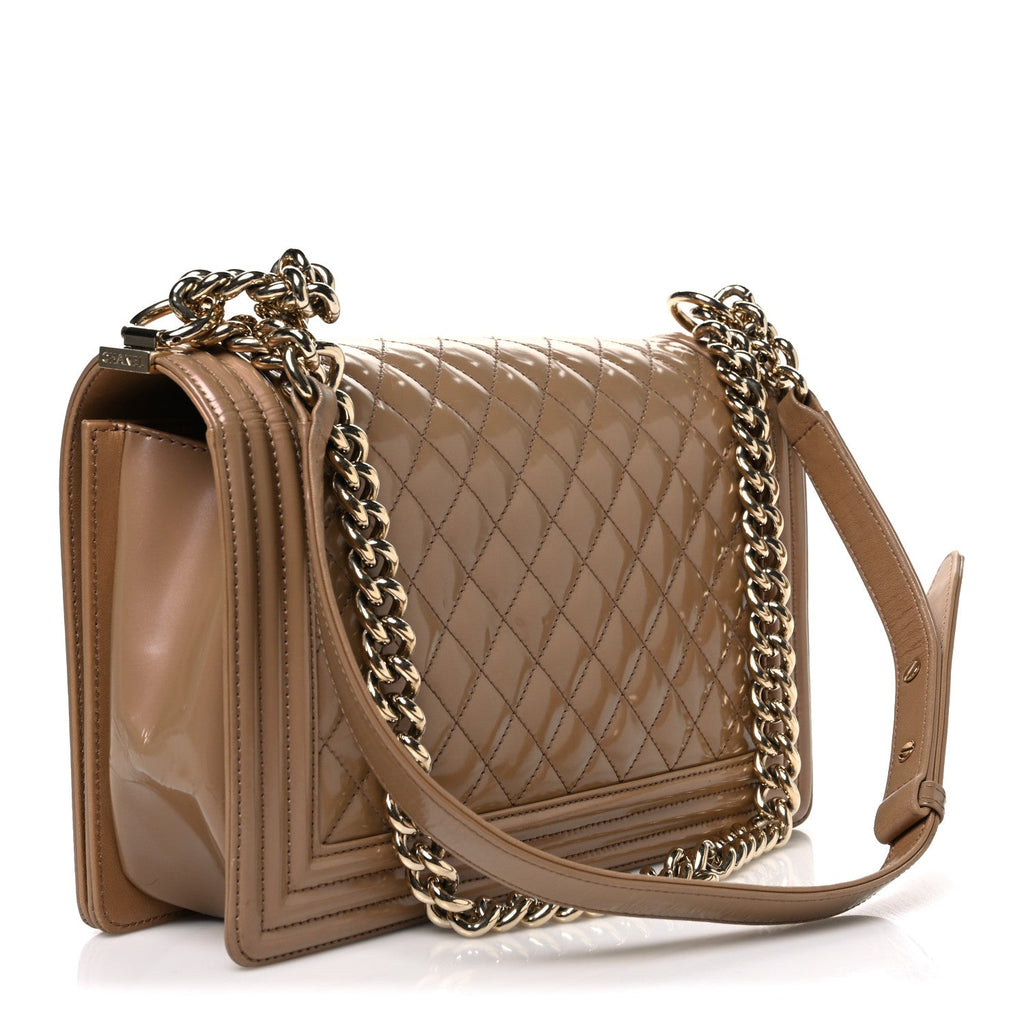 Iridescent Glazed Calfskin Quilted New Medium Boy Flap Dark Beige