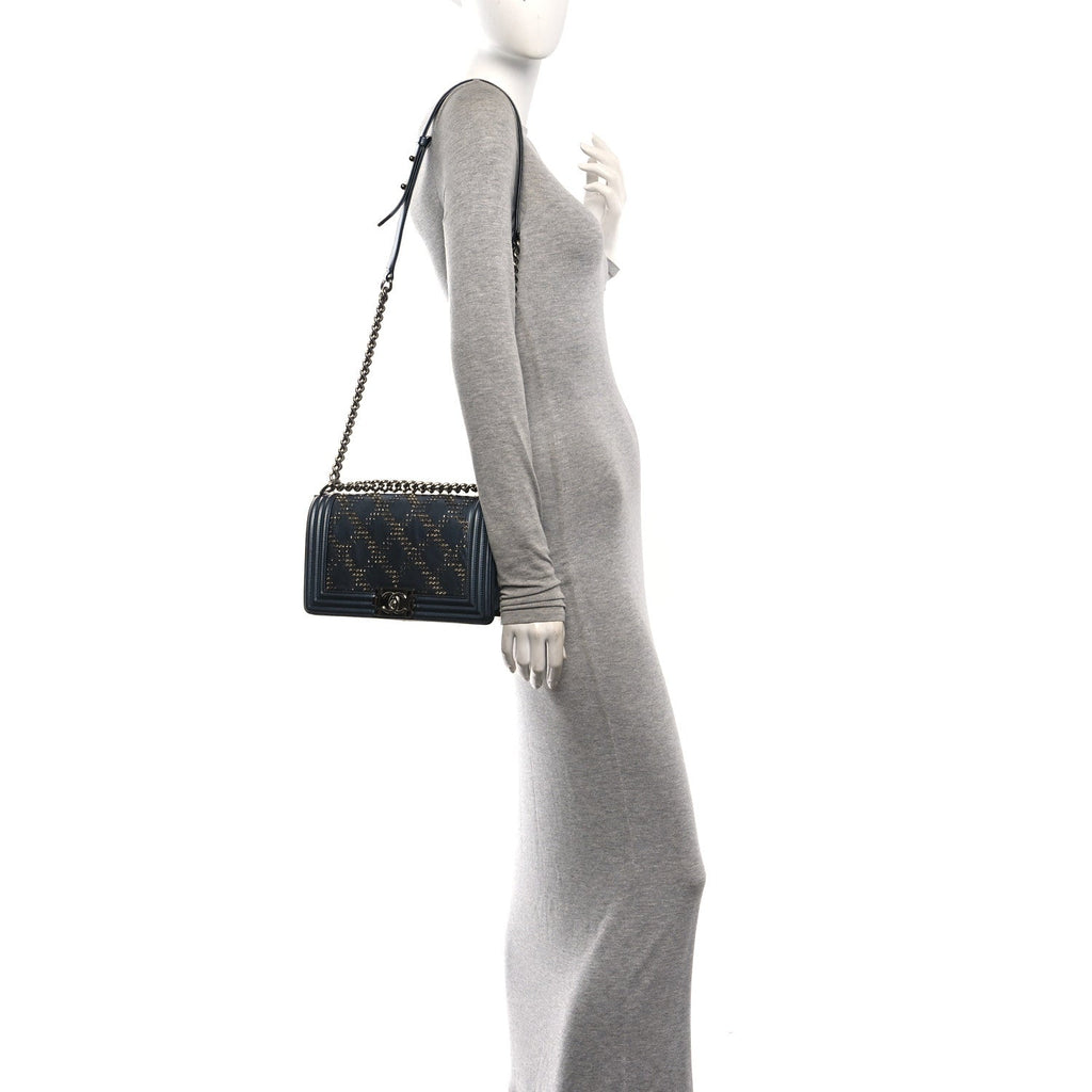 Metallic Calfskin Crystal Medium Boy Flap Dark Silver