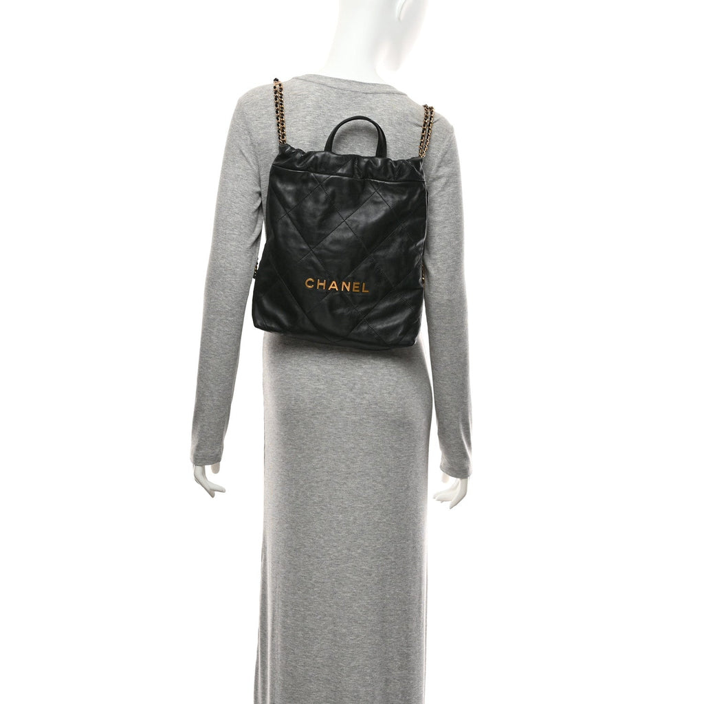 Shiny Calfskin Quilted Chanel 22 Backpack Black