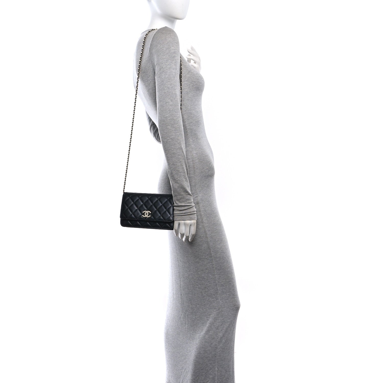 Lambskin Quilted Pearl CC Wallet on Chain WOC Black