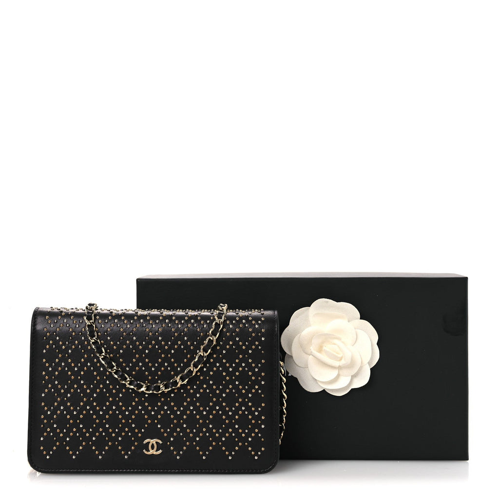 Lambskin Studded Wallet on Chain WOC Grey
