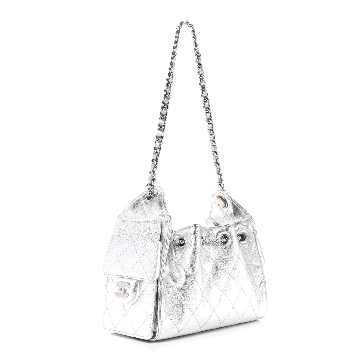 Metallic Caviar Quilted Mini Chanel 25 Handbag Silver