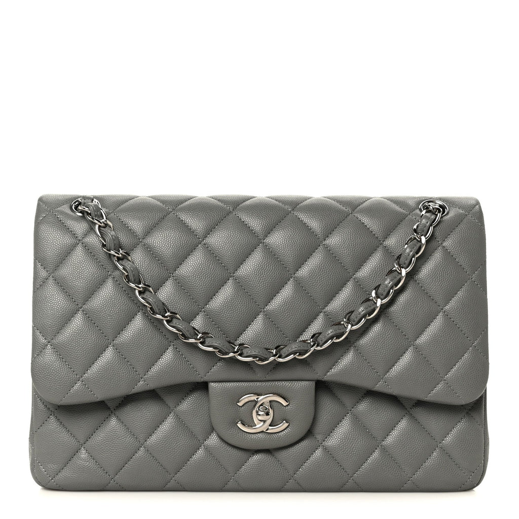 Caviar Quilted Jumbo Double Flap Grey