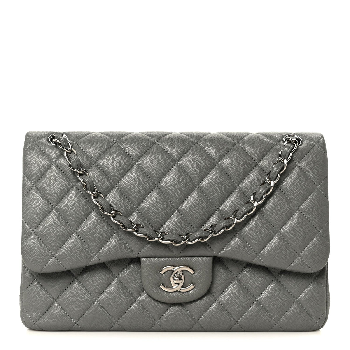 Caviar Quilted Jumbo Double Flap Grey