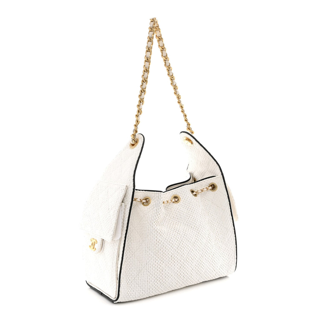 Braided Raffia Calfskin Quilted Small Chanel 25 Handbag White Black