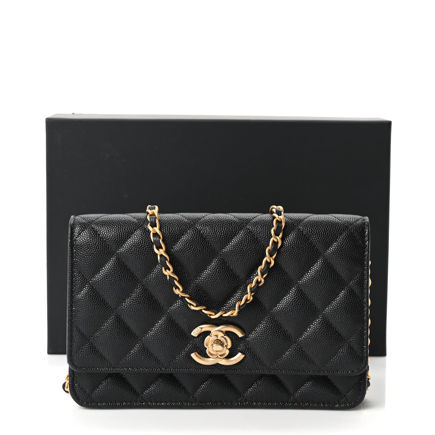 Caviar Quilted Camellia Wallet On Chain WOC Black