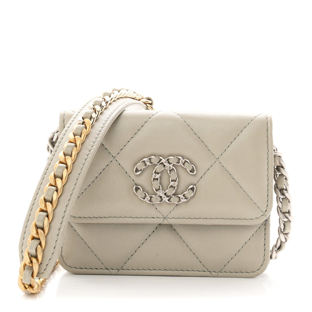 Lambskin Quilted Chanel 19 Flap Coin Purse With Chain Grey