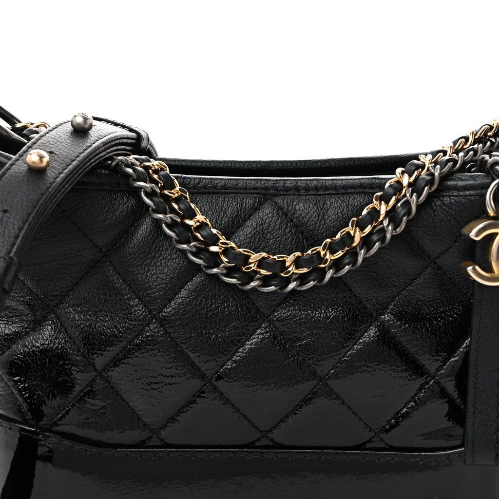 Patent Goatskin Quilted Small Gabrielle Hobo Black