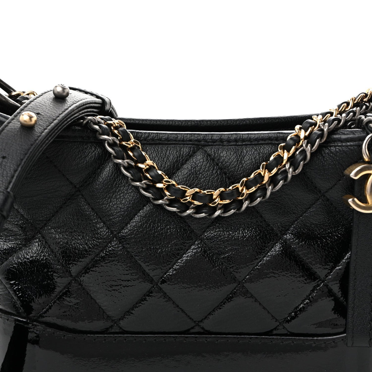 Patent Goatskin Quilted Small Gabrielle Hobo Black