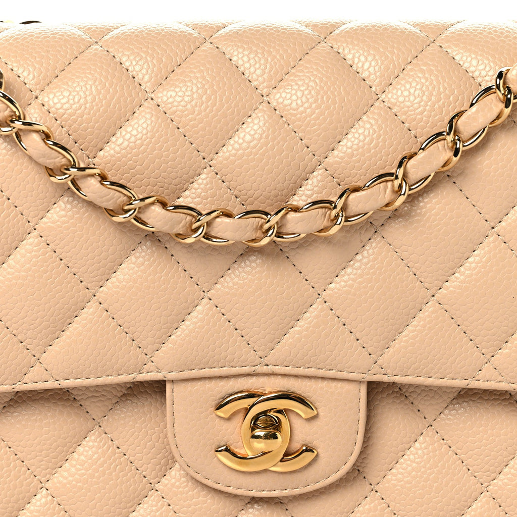 Caviar Quilted Medium Double Flap Beige