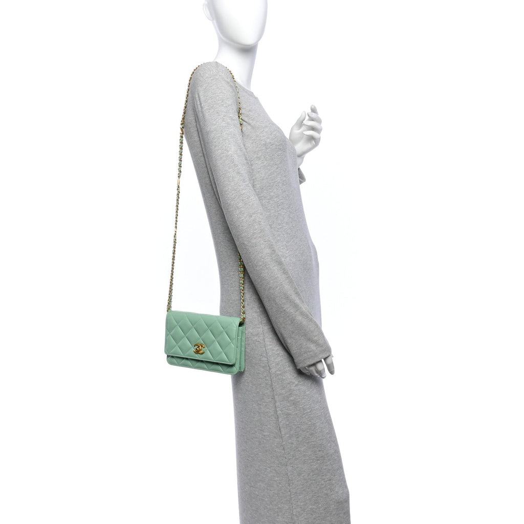 Lambskin Quilted Logo WOC Wallet On Chain Green