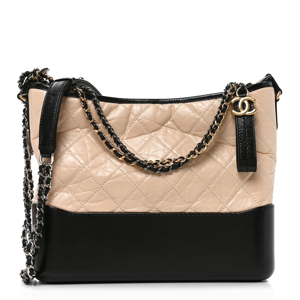 Aged Calfskin Quilted Medium Gabrielle Hobo Beige Black