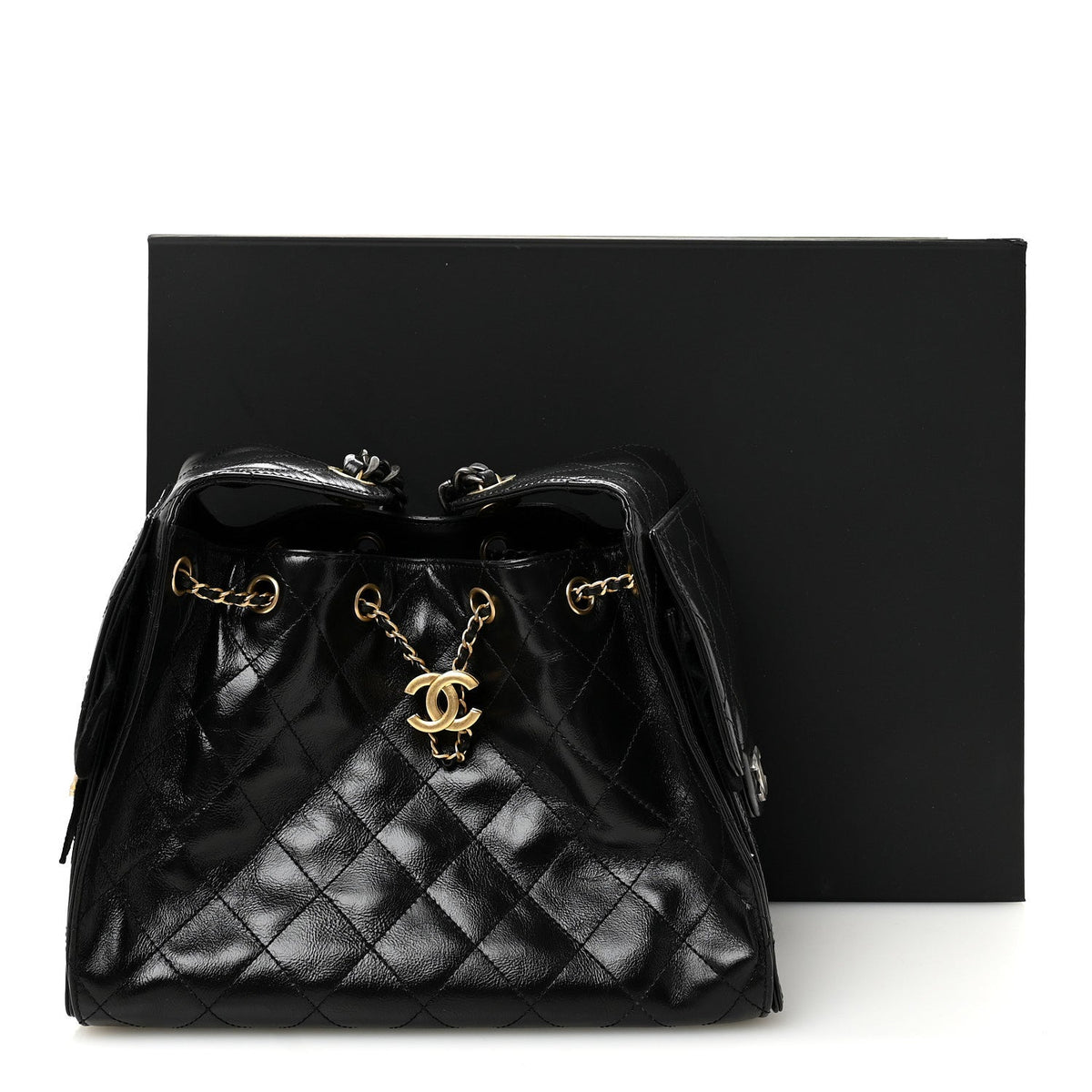 Shiny Crumpled Calfskin Quilted Small Chanel 25 Handbag Black