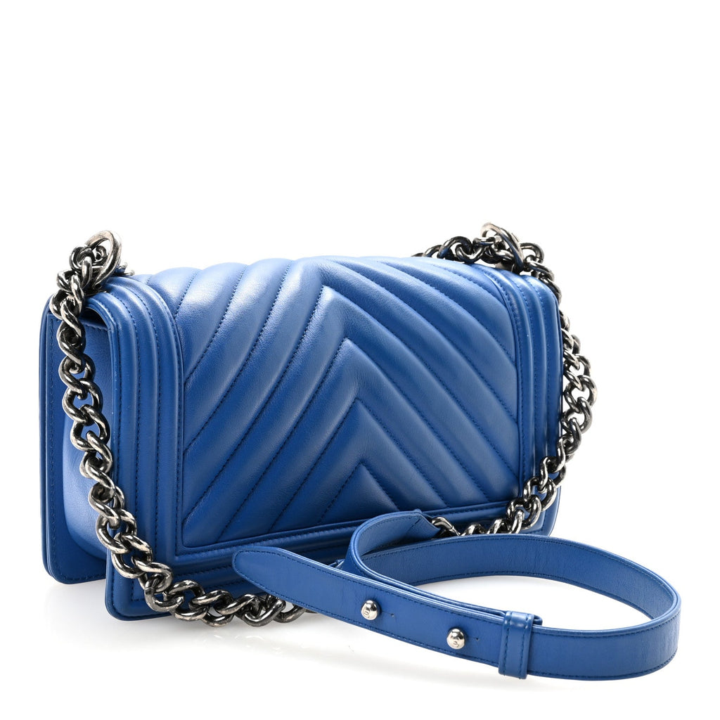 Lambskin Chevron Quilted Medium Boy Flap Bright Blue