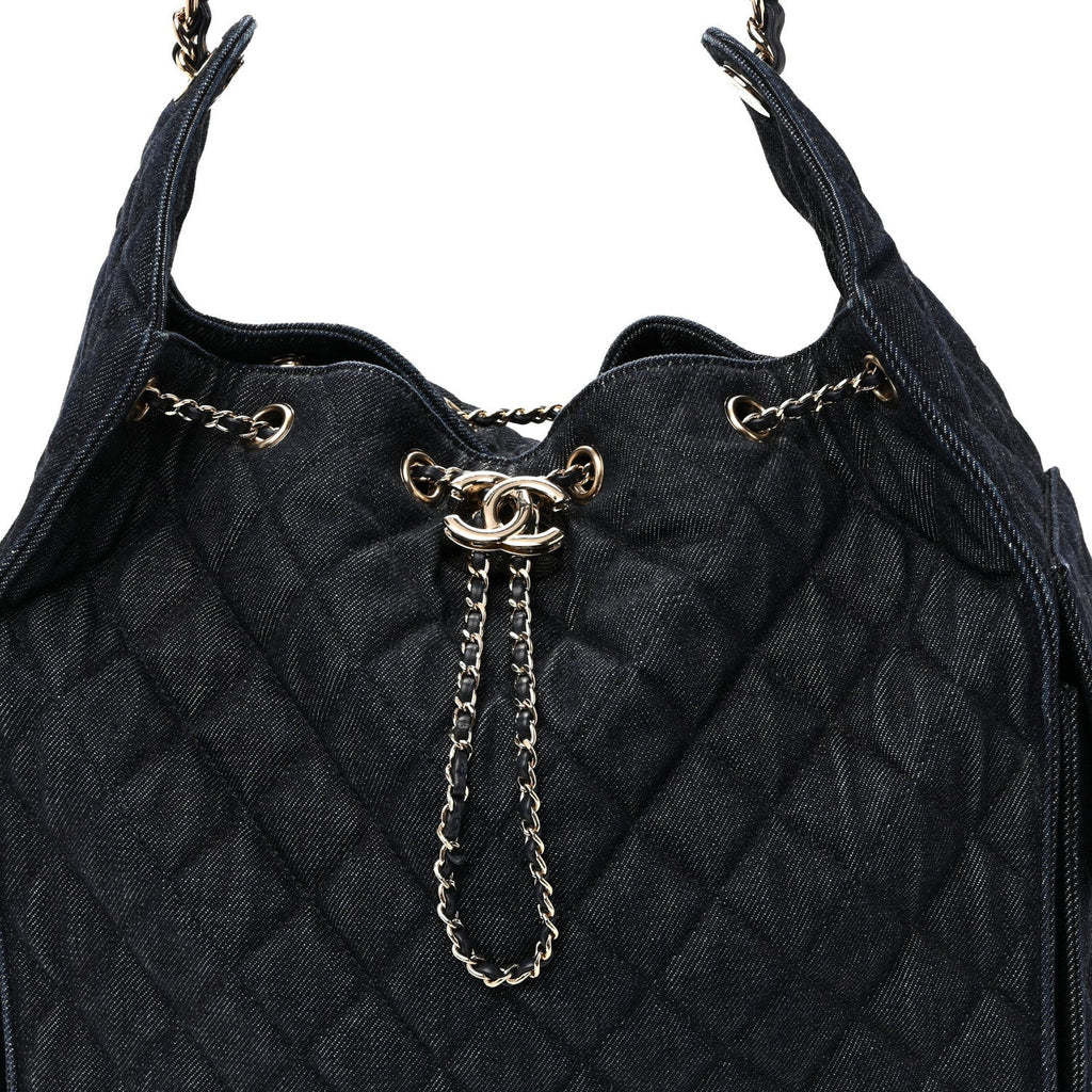 Denim Quilted Medium Chanel 25 Handbag Dark Blue