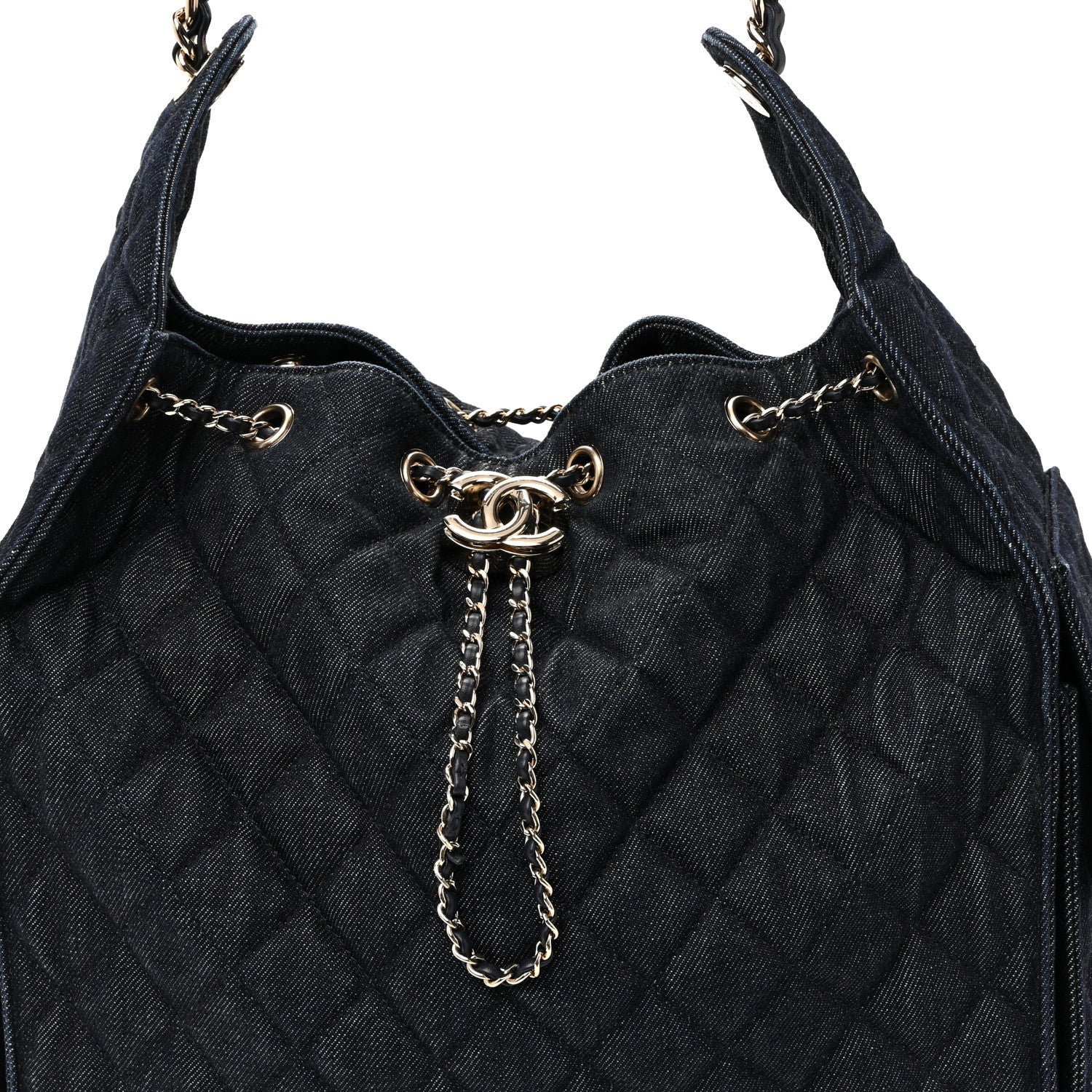 Denim Quilted Medium Chanel 25 Handbag Dark Blue
