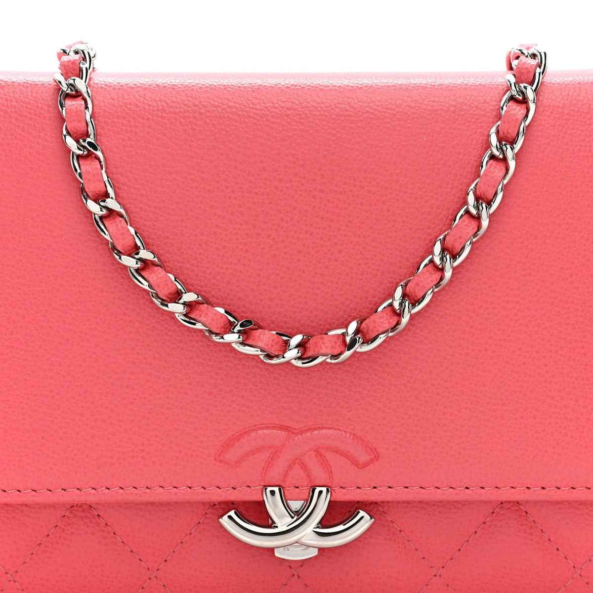 Grained Calfskin Quilted CC Box Wallet On Chain WOC Pink