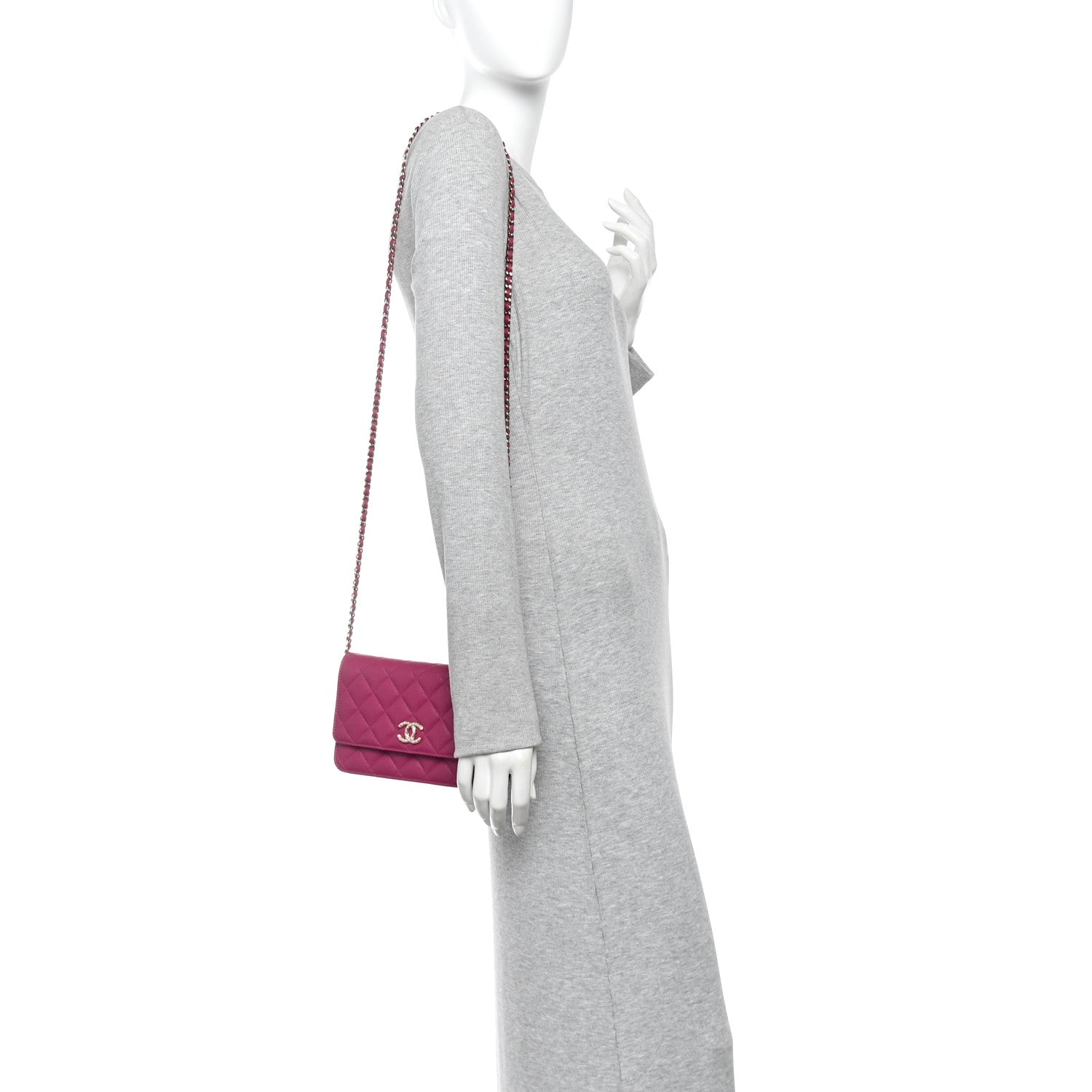 Caviar Quilted Chain Embossed CC Wallet On Chain WOC Fuchsia