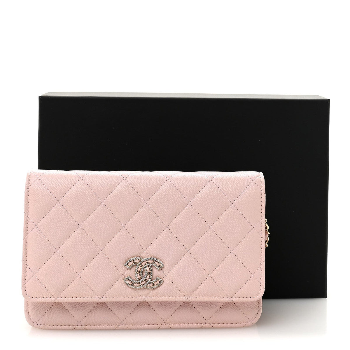 Caviar Quilted Crystal CC Wallet On Chain WOC Light Pink