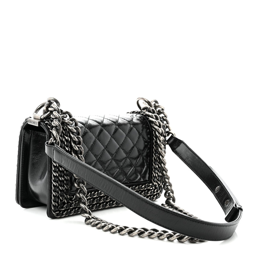 Glazed Calfskin Quilted Small Boy Chained Flap Black