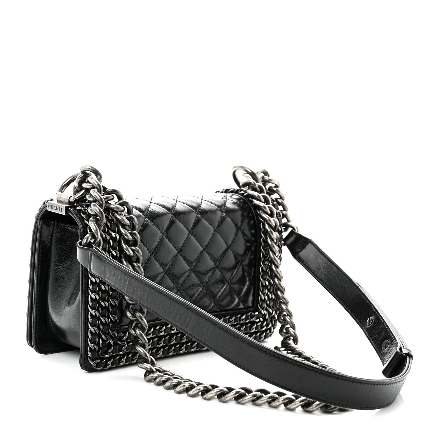 Glazed Calfskin Quilted Small Boy Chained Flap Black