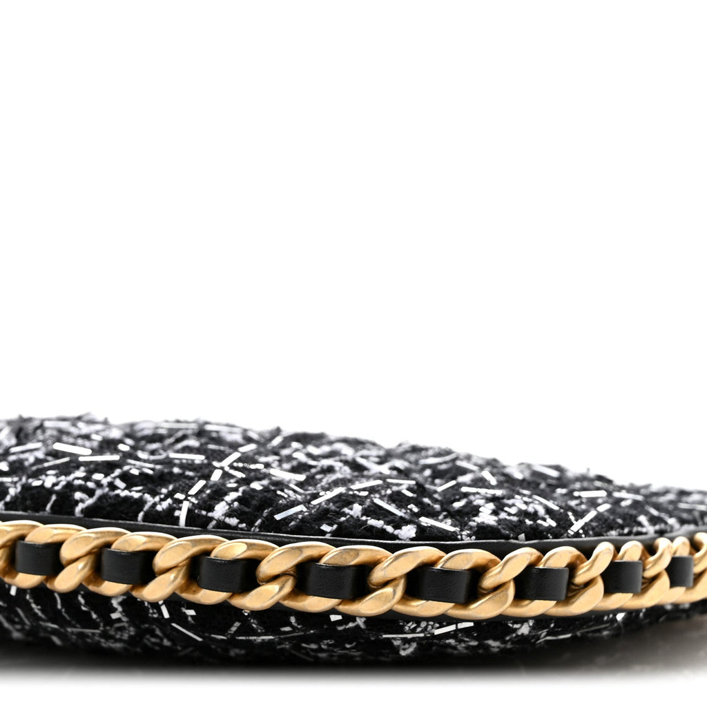 Tweed Sequin Quilted Trendy Chain Around Hobo Black White