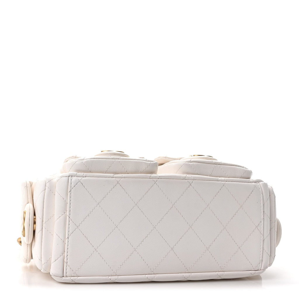 Shiny Lambskin Quilted Trendy Pockets Hobo White