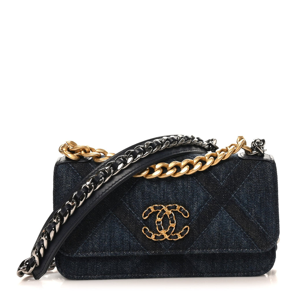 Denim Quilted Chanel 19 Flap Phone Holder With Chain Blue