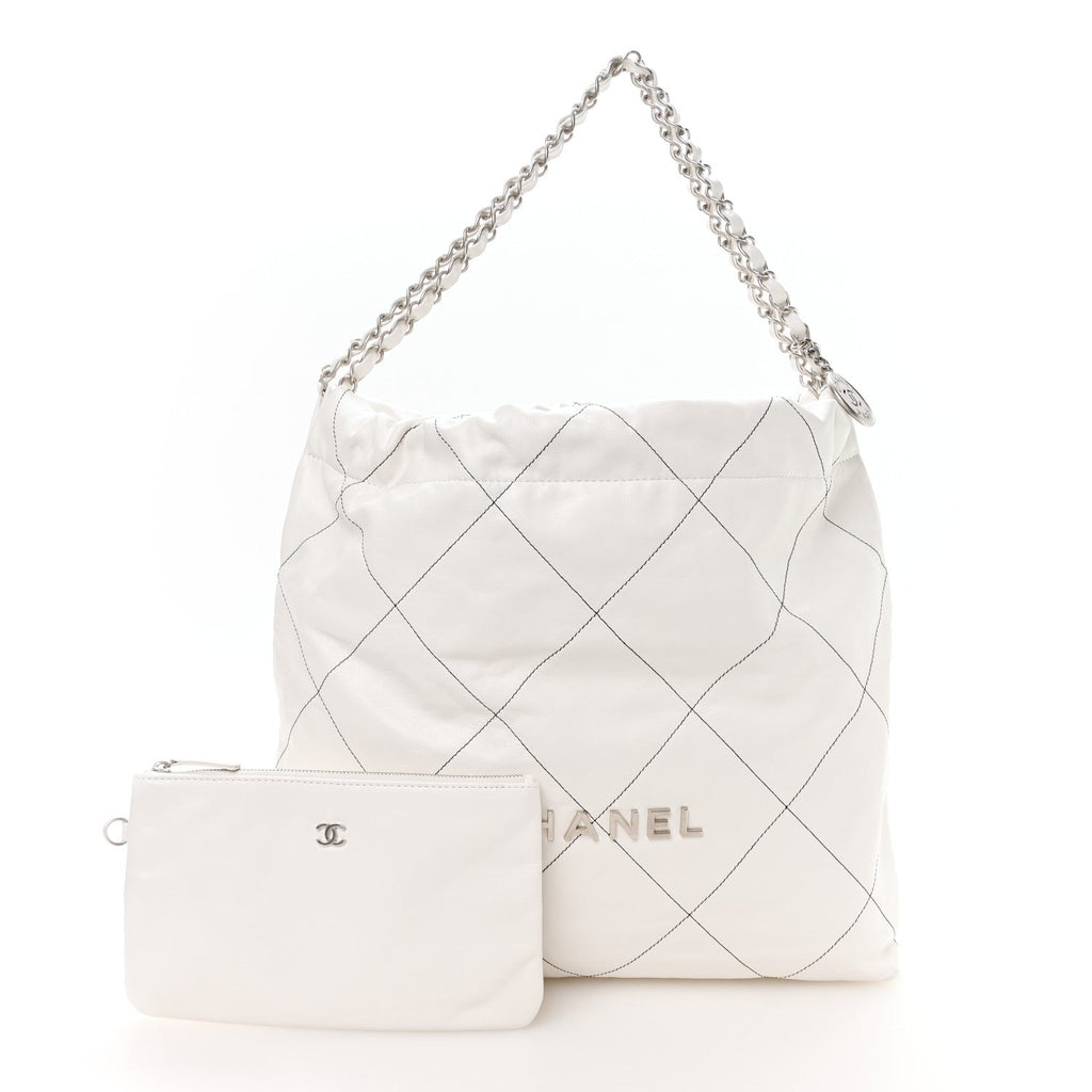 Shiny Calfskin Quilted Chanel 22 White Black