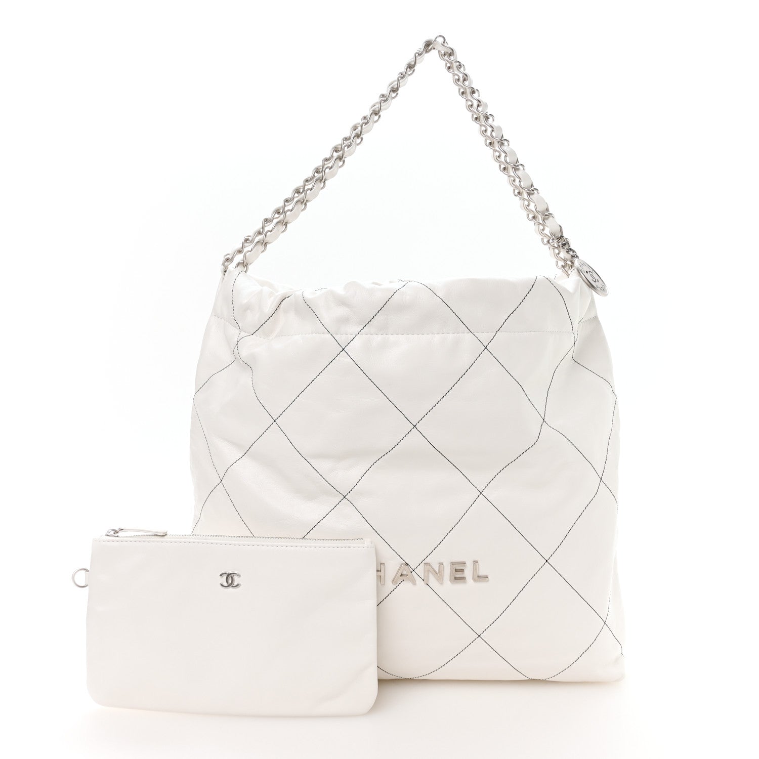Shiny Calfskin Quilted Chanel 22 White Black