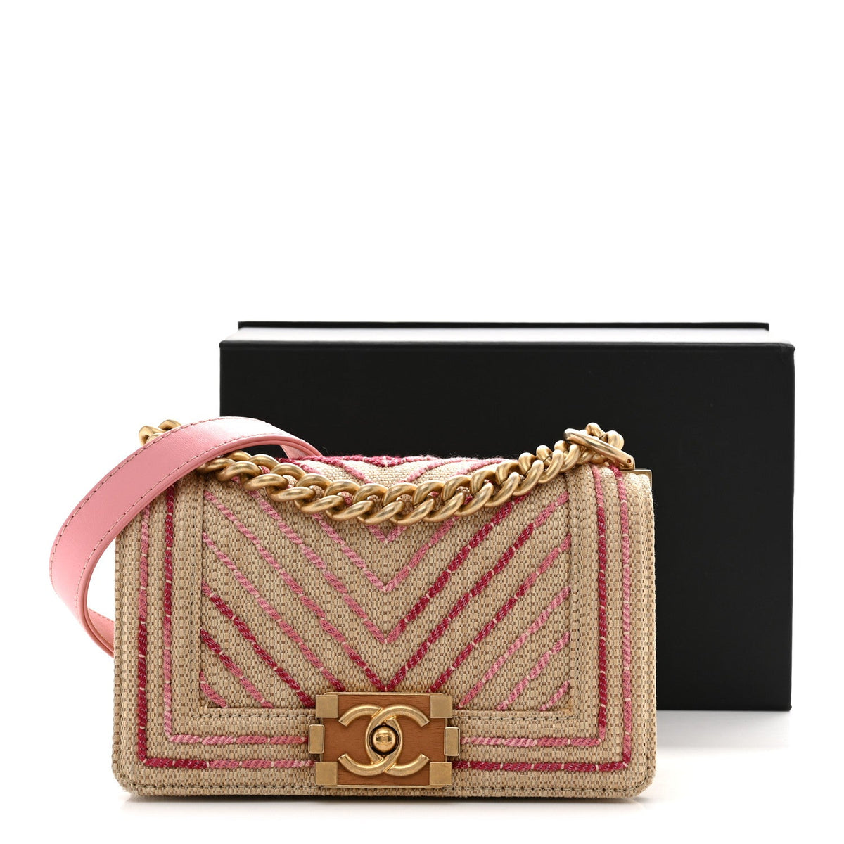 Raffia Chevron Quilted Small Boy Flap Beige Pink