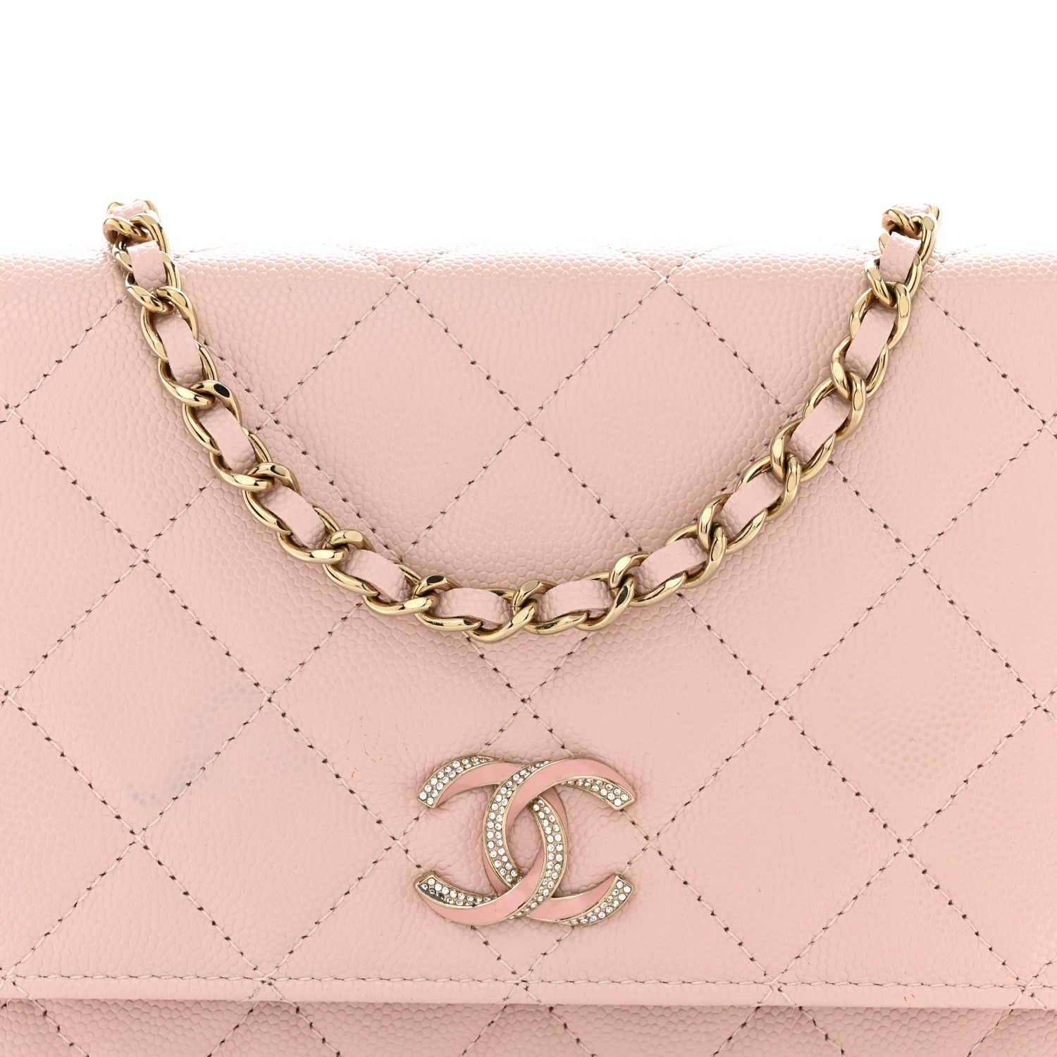 Caviar Quilted Crystal Enamel CC Wallet On Chain WOC Light Pink