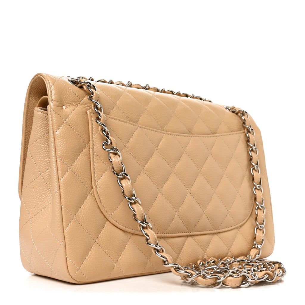 Caviar Quilted Jumbo Double Flap Beige Clair
