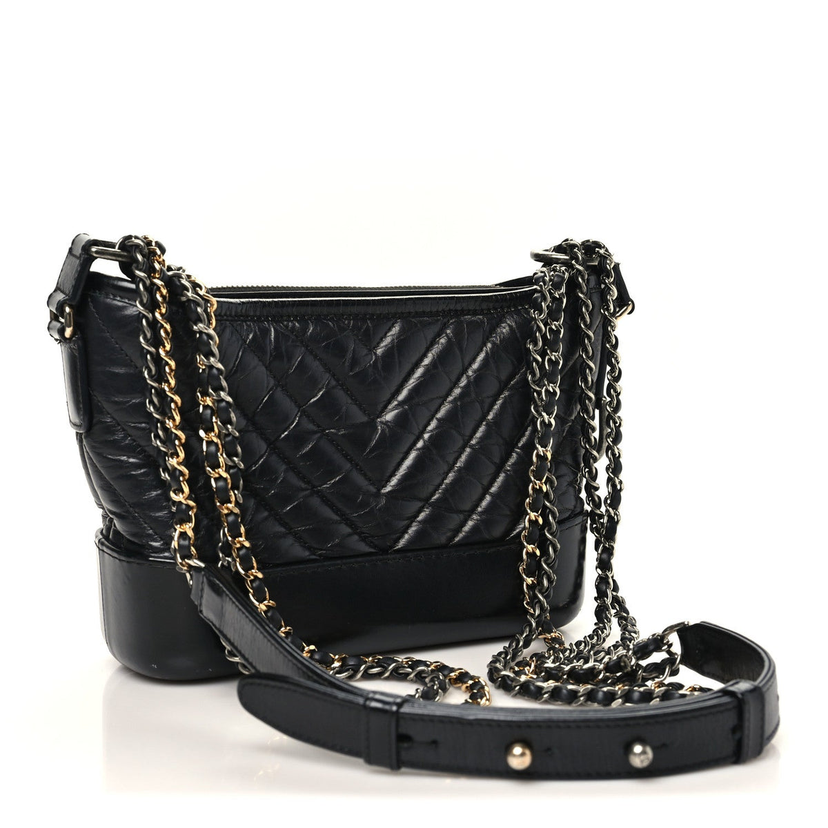 Aged Calfskin Chevron Quilted Small Gabrielle Hobo Black