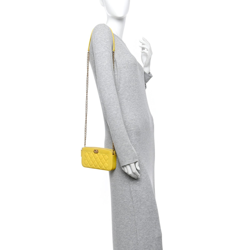 Caviar Quilted Small Boy Clutch With Chain Yellow