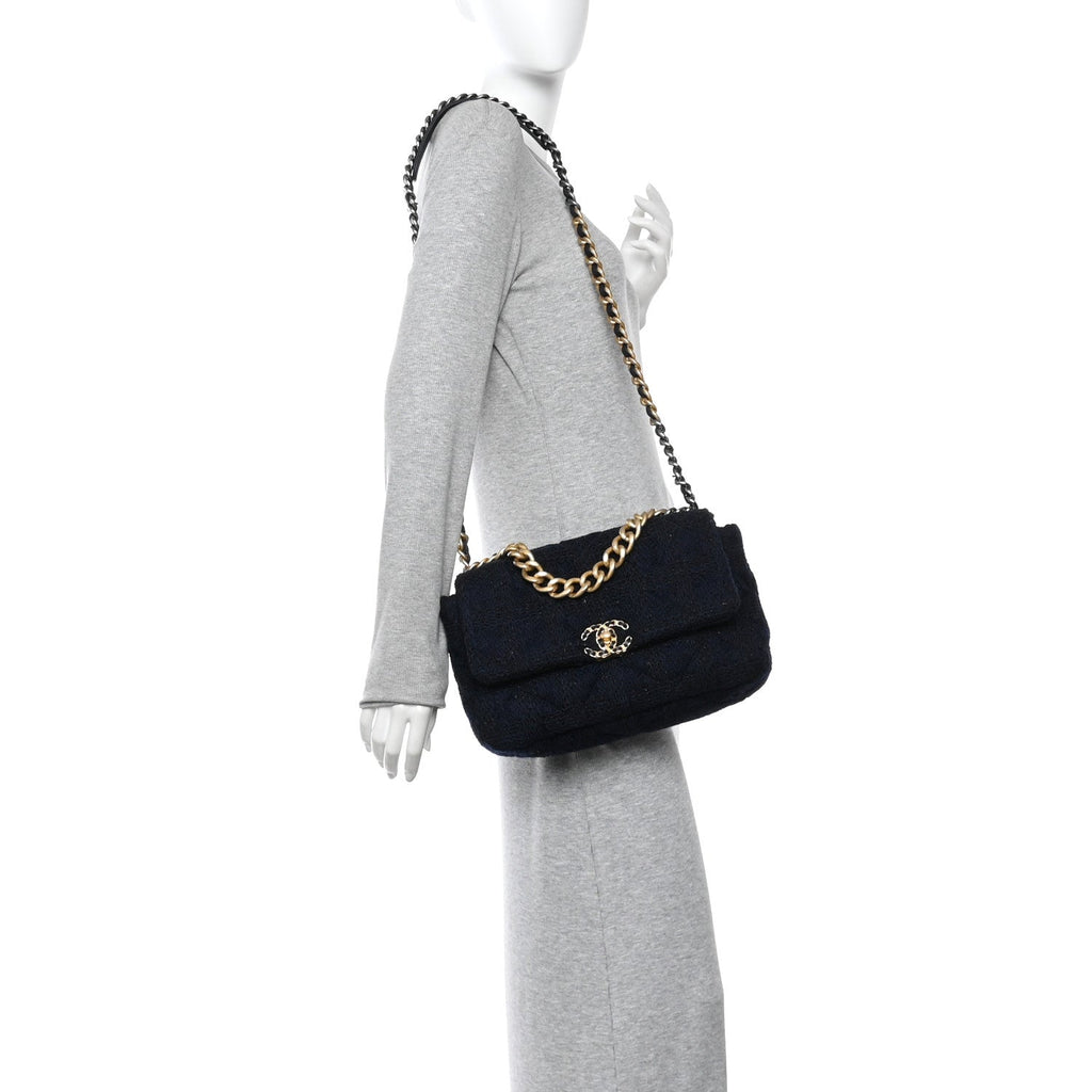 Tweed Quilted Large Chanel 19 Flap Navy Blue